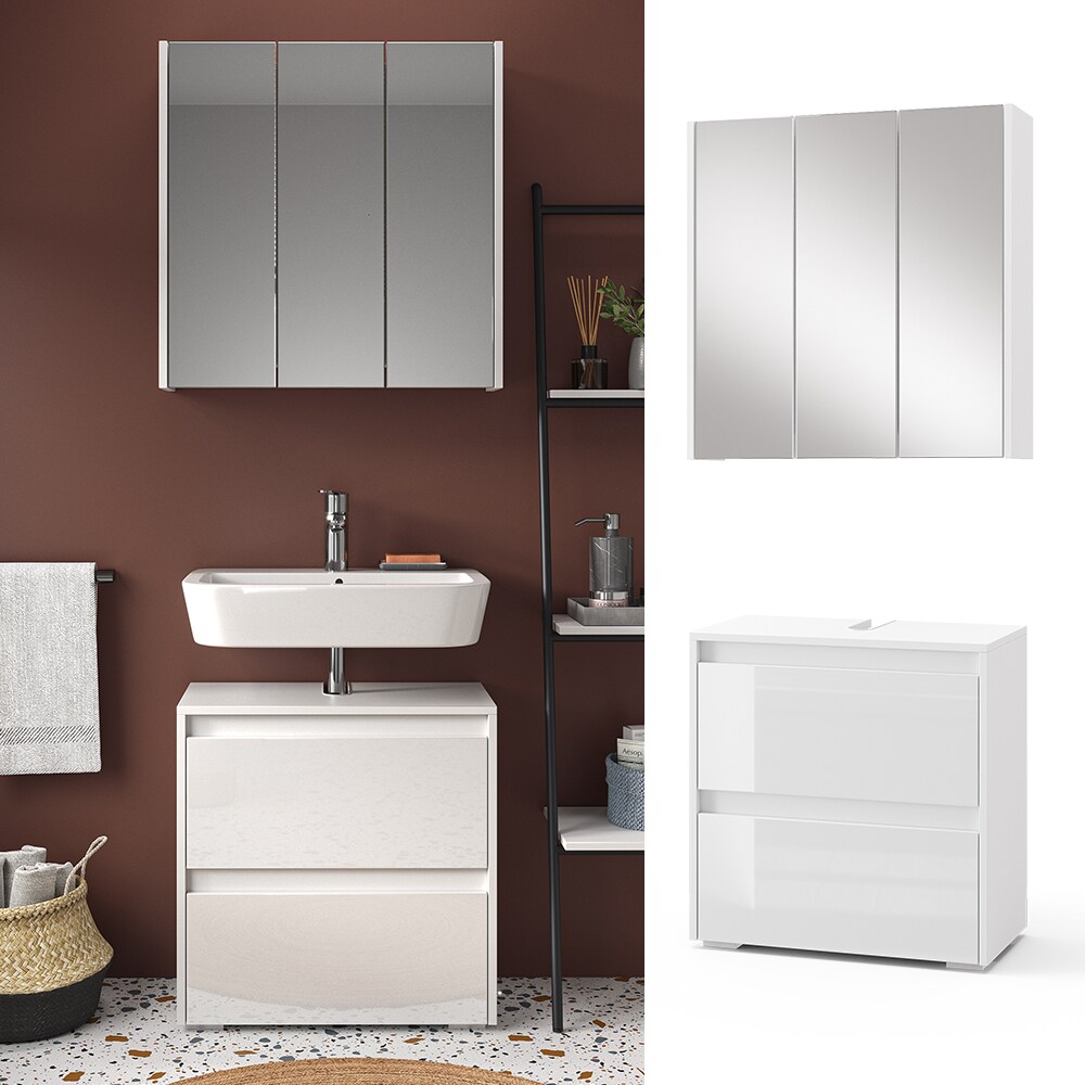 Vicco Badm&ouml;bel-Set Badezimmer-M&ouml;bel Bad-Schrank Majest Wei&szlig; Hochglanz modern Badezimmerschrank Waschbeckenunterschrank Spiegelschrank Schrankt&uuml;r Schrankfach Schrankschublade - Bild 1