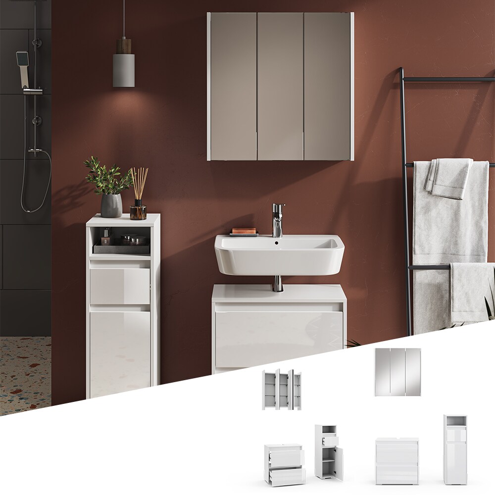 Vicco Badm&ouml;bel-Set Badezimmer-M&ouml;bel Bad-Schrank Majest Wei&szlig; Hochglanz modern Badezimmerschrank Waschbeckenunterschrank Spiegelschrank Midischrank Schrankt&uuml;r Schrankfach Schrankschublade - Bild 1