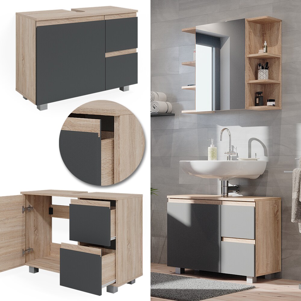 Vicco Waschtischunterschrank Waschbeckenunterschrank Badschrank J-shape Sonoma Anthrazit modern 80x61cm Badezimmer Schrank Badm&ouml;bel Schrankt&uuml;r Schrankschublade Aufbewahrung - Bild 1