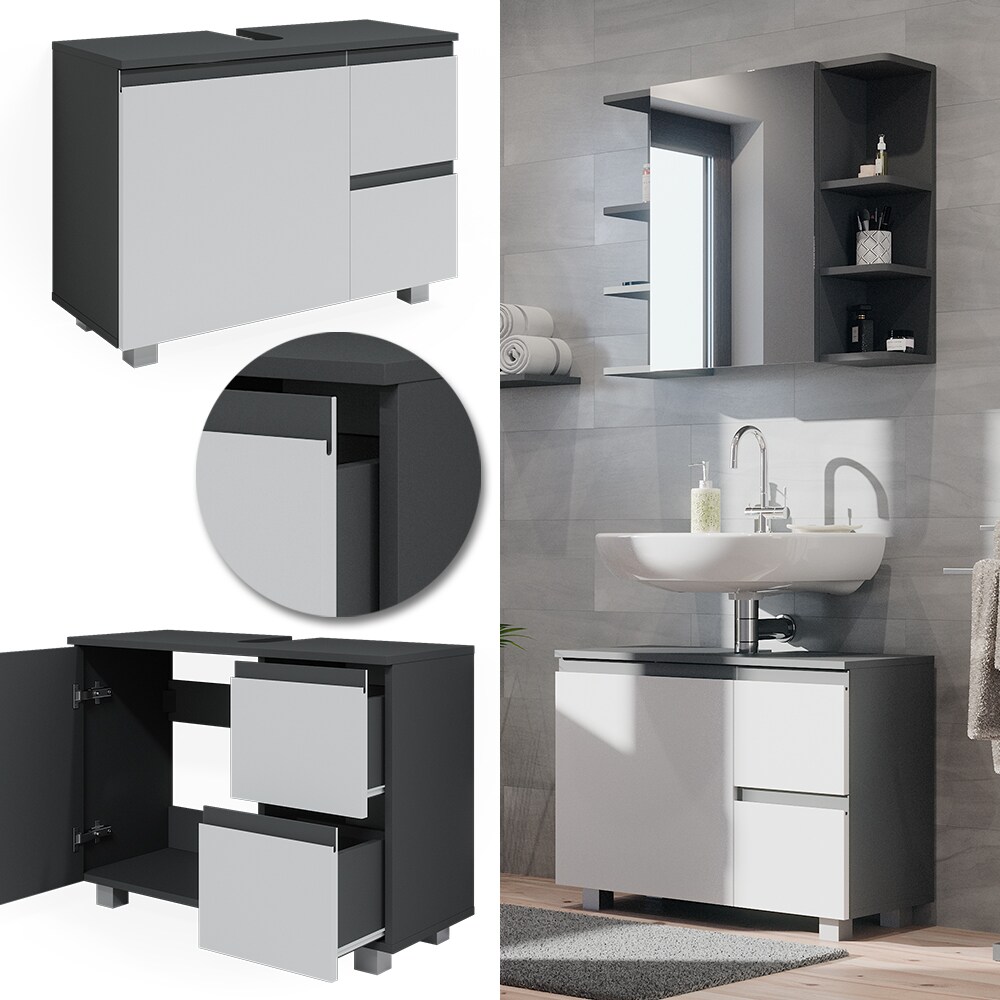 Vicco Waschtischunterschrank Waschbeckenunterschrank Badschrank J-shape Anthrazit Wei&szlig; modern 80x61cm Badezimmer Schrank Badm&ouml;bel Schrankt&uuml;r Schrankschublade Aufbewahrung - Bild 1