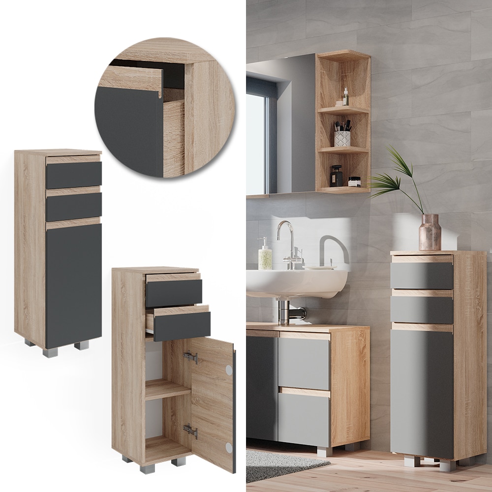 Vicco Midischrank Badschrank Badezimmerm&ouml;bel J-shape Sonoma Anthrazit modern 30x95cm Badezimmer Schrank Badm&ouml;bel Schrankt&uuml;r Schrankschublade Schrankfach Ablage Aufbewahrung - Bild 1