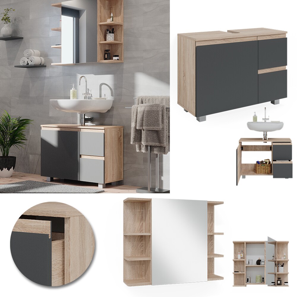 Vicco Badm&ouml;belset J-shape Sonoma Anthrazit modern Badezimmer Schrank Badschrank Waschtischunterschrank Spiegelschrank Schrankt&uuml;r Schrankschublade Aufbewahrung - Bild 1