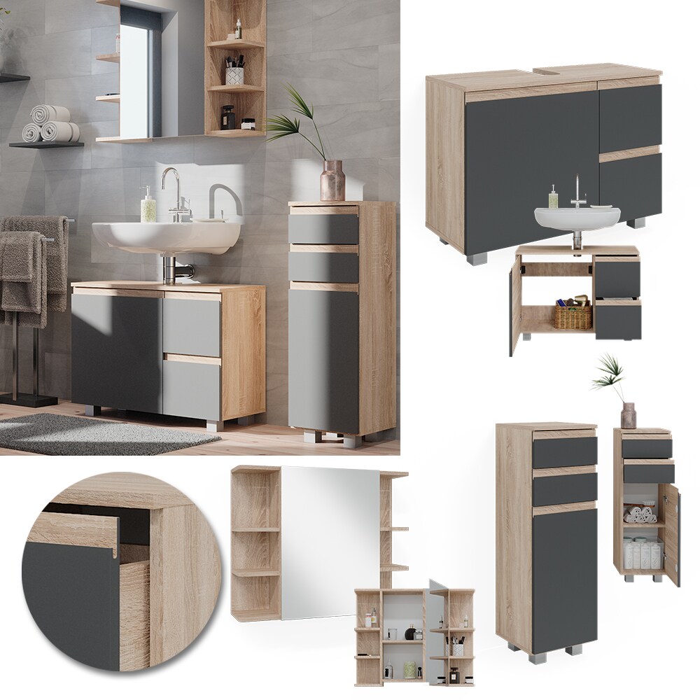 Vicco Badmöbelset J-shape Sonoma Anthrazit modern Badezimmer Schrank Badschrank Waschtischunterschrank Spiegelschrank Midischrank Schranktür Schrankschublade Schrankfach Ablage Aufbewahrung