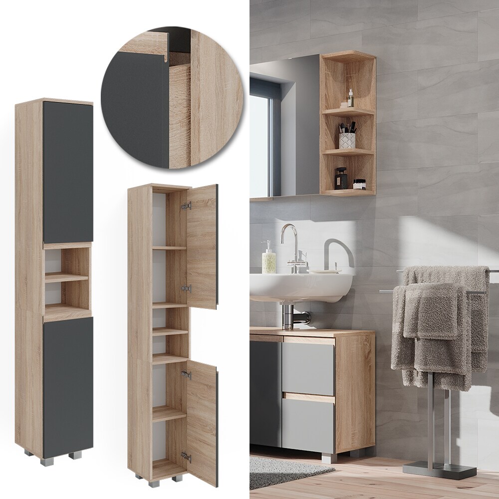 Vicco Hochschrank Badschrank Badezimmermöbel J-shape Sonoma Anthrazit modern 30x190cm Badezimmer Schrank Badmöbel Schranktür Schrankfach Aufbewahrung Ablage