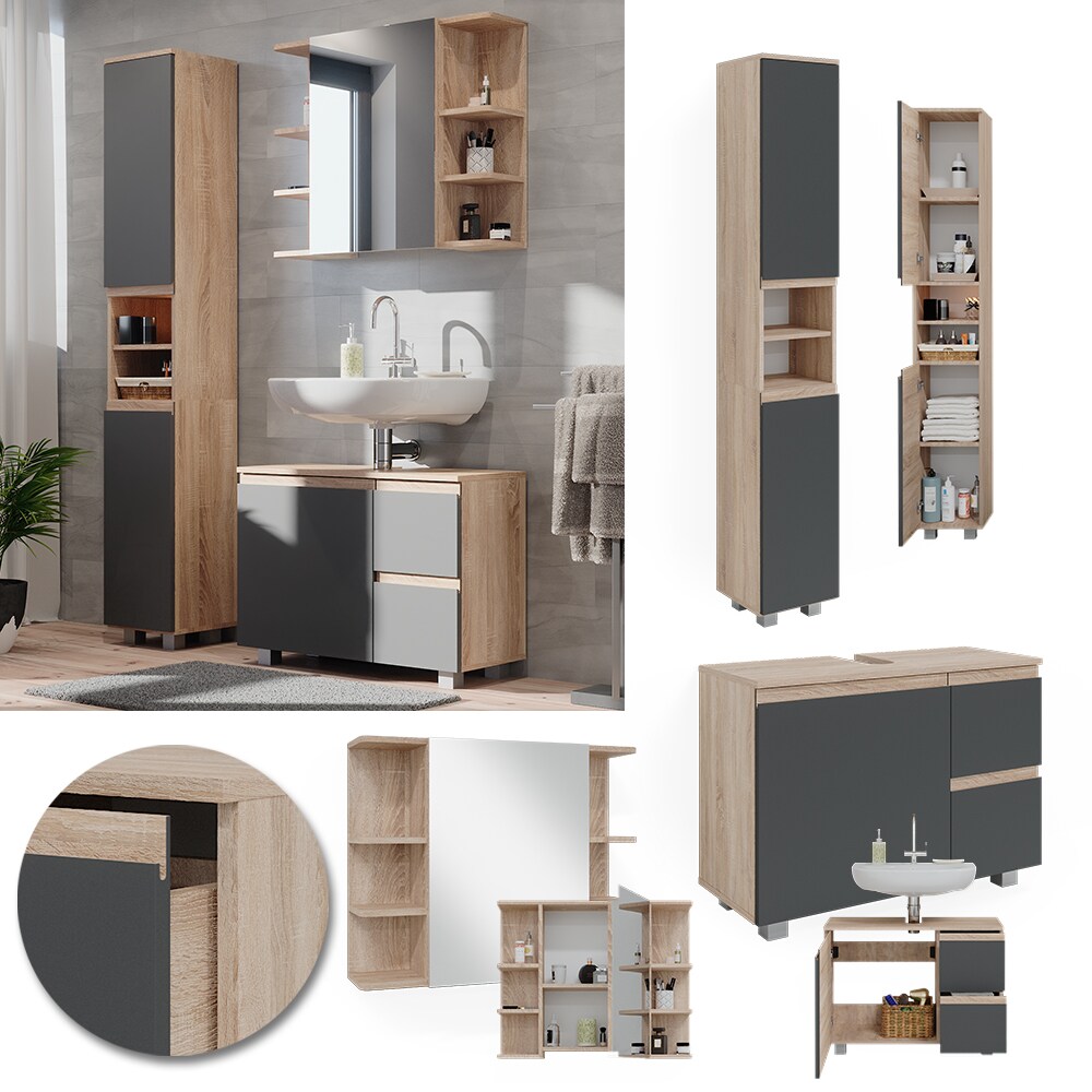 Vicco Badmöbelset J-shape Sonoma Anthrazit modern Badezimmer Schrank Badschrank Waschtischunterschrank Spiegelschrank Hochschrank Schranktür Schrankschublade Schrankfach Ablage Aufbewahrung