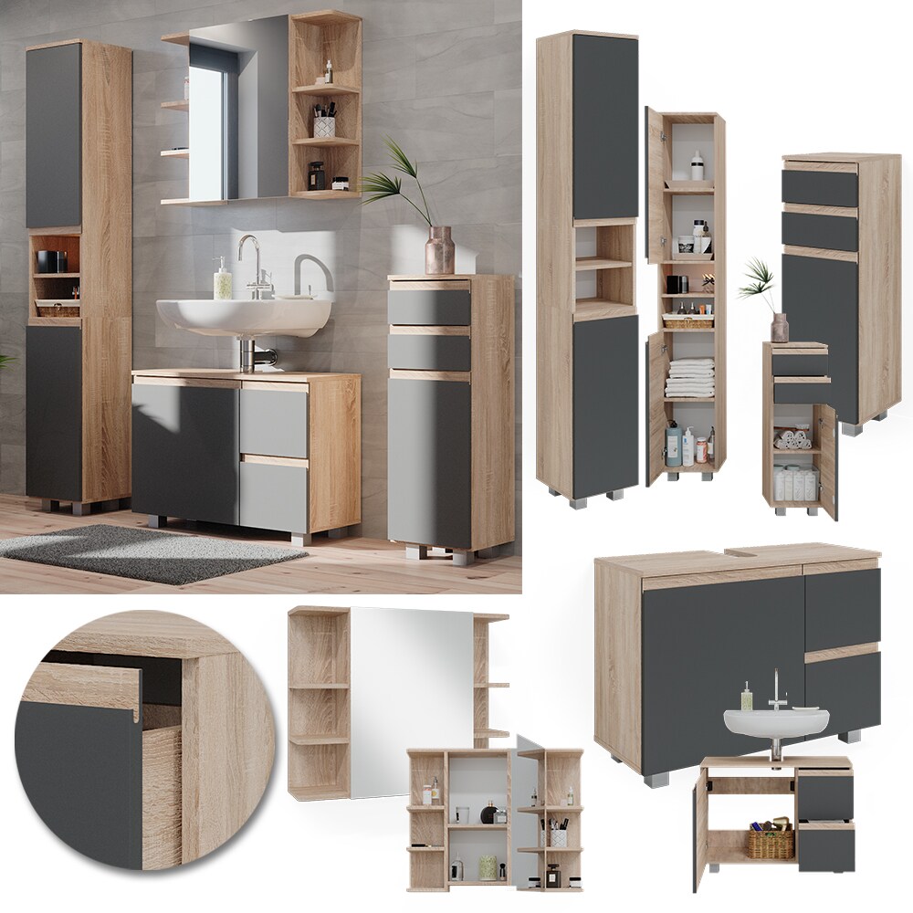 Vicco Badmöbelset J-shape Sonoma Anthrazit modern Badezimmer Schrank Badschrank Waschtischunterschrank Spiegelschrank Midischrank Hochschrank Schranktür Schrankschublade Schrankfach Ablage Aufbewahrung