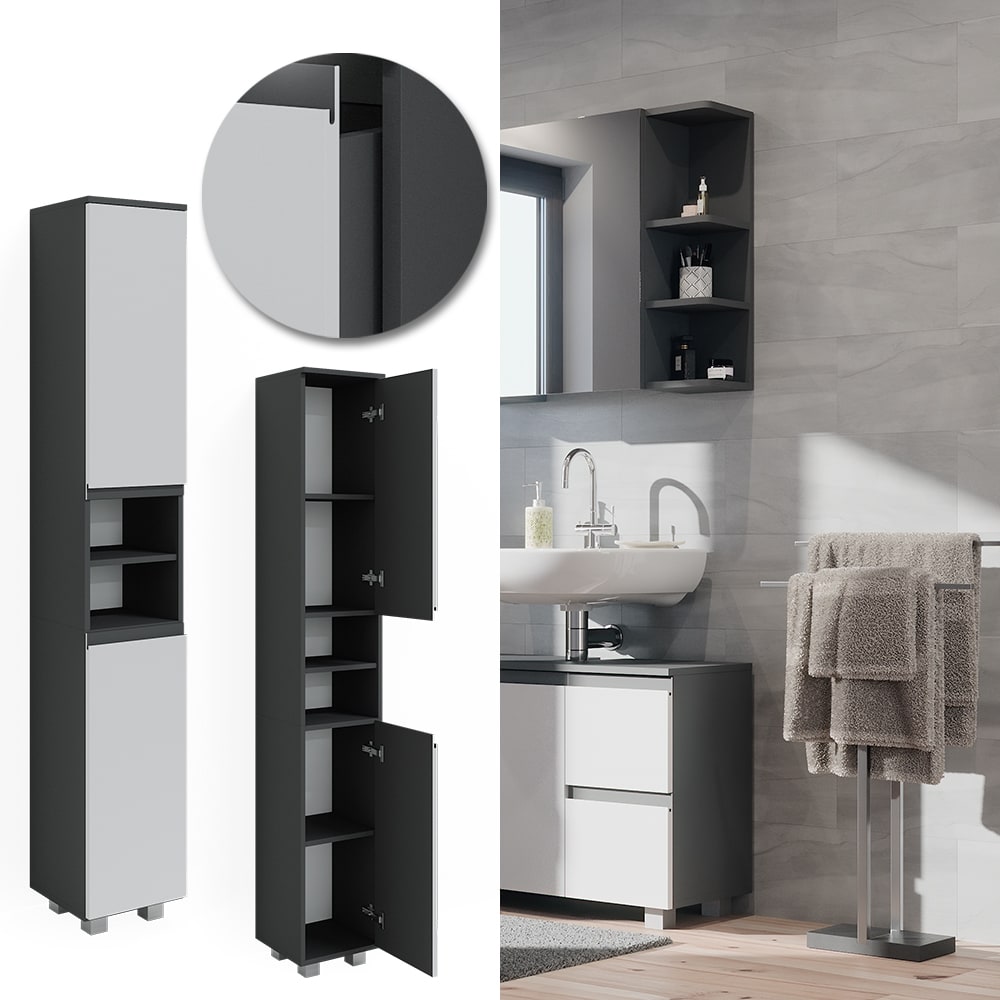 Vicco Hochschrank Badschrank Badezimmerm&ouml;bel J-shape Anthrazit Wei&szlig; modern 30x190cm Badezimmer Schrank Badm&ouml;bel Schrankt&uuml;r Schrankfach Aufbewahrung Ablage - Bild 1