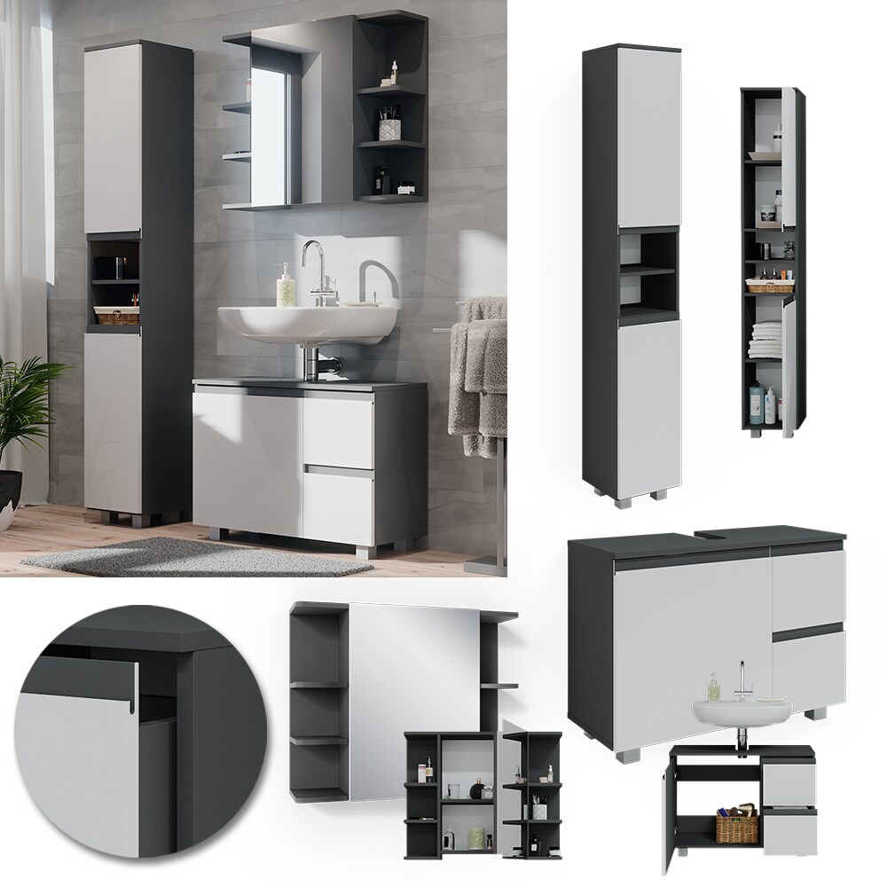 Vicco Badmöbelset J-shape Anthrazit Weiß modern Badezimmer Schrank Badschrank Waschtischunterschrank Spiegelschrank Hochschrank Schranktür Schrankschublade Schrankfach Ablage Aufbewahrung
