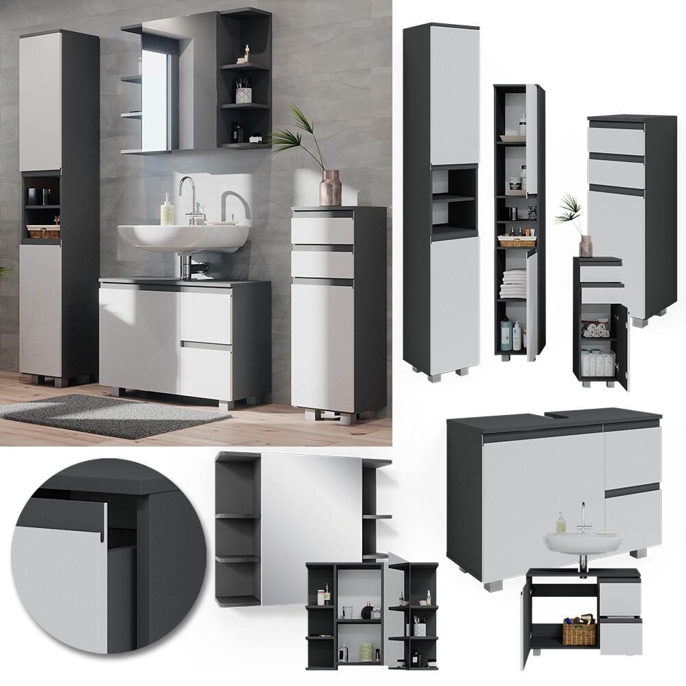 Vicco Badmöbelset J-shape Anthrazit Weiß modern Badezimmer Schrank Badschrank Waschtischunterschrank Spiegelschrank Midischrank Hochschrank Schranktür Schrankschublade Schrankfach Ablage Aufbewahrung