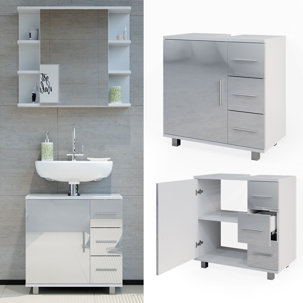 Vicco Waschtischunterschrank Waschbeckenunterschrank Badschrank Elias Weiß Hochglanz modern 60x61cm Badezimmer Schrank Badmöbel Schranktür Schrankschublade Aufbewahrung