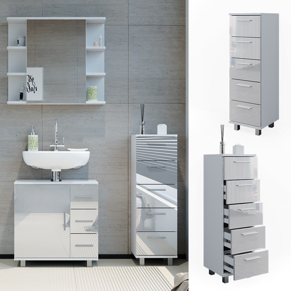 Vicco Midischrank Badschrank Badezimmermöbel Ilias Weiß Hochglanz modern 30x95cm Badezimmer Schrank Badmöbel Badezimmerkommode Badkommode Schrankschublade Ablage Aufbewahrung