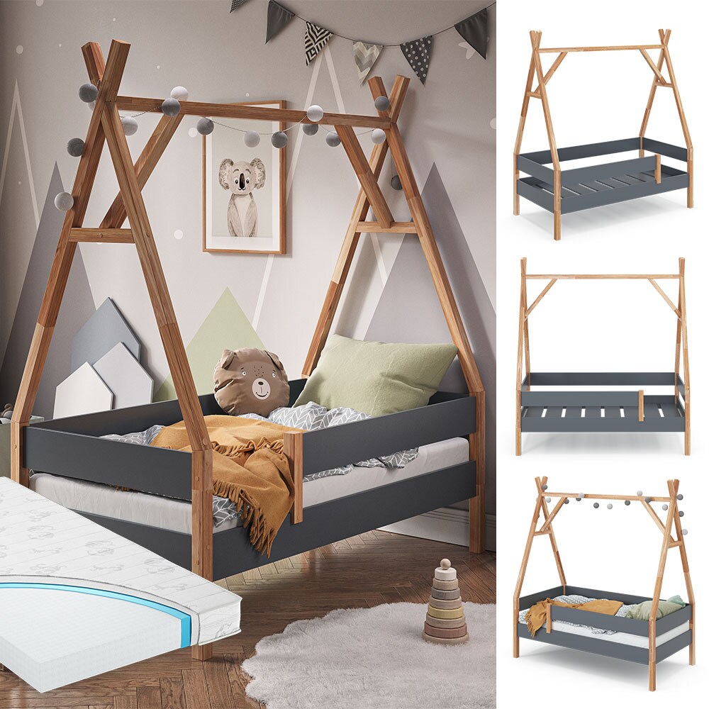 VitaliSpa Kinderbett Hausbett Indianerbett Madita Anthrazit Naturholz Matratze 166x60 cm modern Kinderzimmer Bett Einzelbett Juniorbett Tipibett Lamellenrost Rausfallschutz - Bild 1