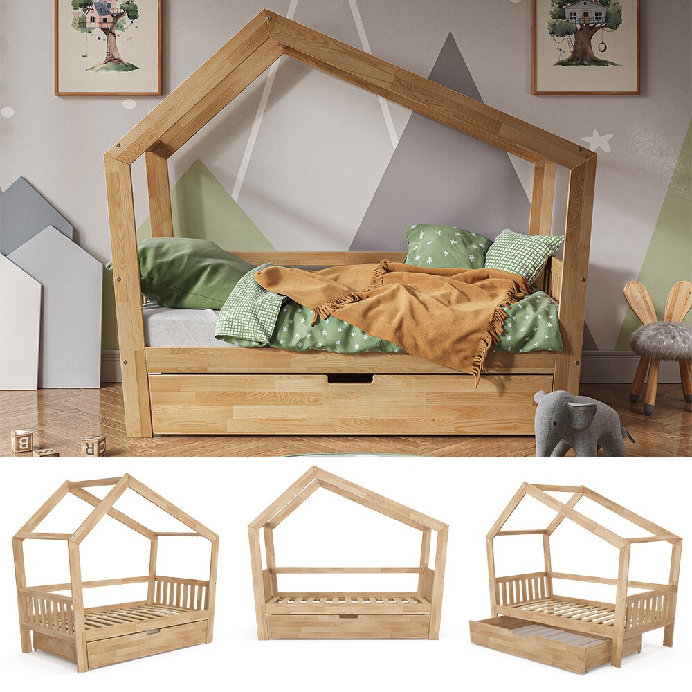 VitaliSpa Kinderbett Josephine 160x80 Natur, Hausbett mit Lattenrost & Schublade - Bild 1