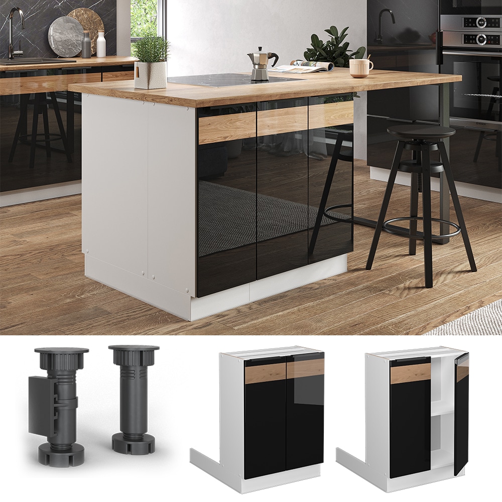 Vicco Regalinselunterschrank K&uuml;chenschrank K&uuml;chenm&ouml;bel Fame-Line Wei&szlig; Schwarz Eiche 60 cm modern Hochglanz - Bild 1