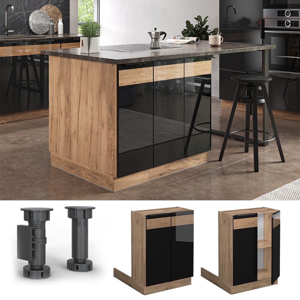 Vicco Regalinselunterschrank K&uuml;chenschrank K&uuml;chenm&ouml;bel Fame-Line Eiche Schwarz 60 cm modern Hochglanz - Bild 1
