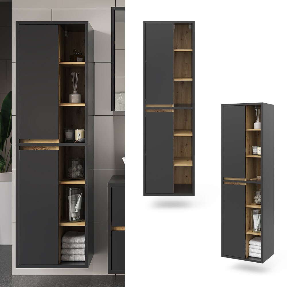 Vicco Hochschrank Badschrank Badezimmermöbel Viola Anthrazit Eiche modern 50x170 cm Badkommode Badezimmer Schrank Badmöbel Schranktür Schrankfach