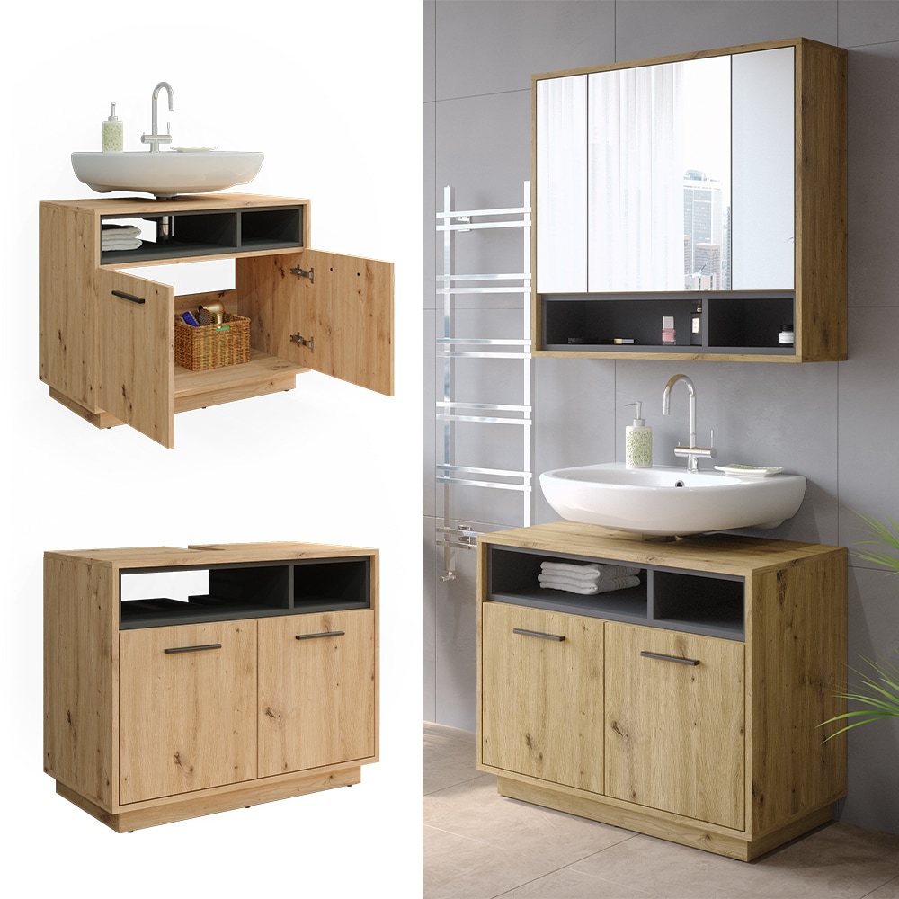 Vicco Waschtischunterschrank Waschbeckenunterschrank Beatrice Eiche Anthrazit modern 80x64 cm Badkommode Badschrank Badezimmer Schrank Badm&ouml;bel Schrankt&uuml;r Schrankfach - Bild 1