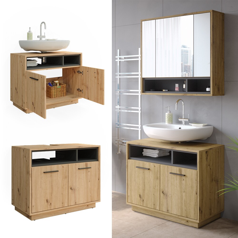 Vicco Waschtischunterschrank Waschbeckenunterschrank Beatrice Eiche Anthrazit modern 80x64 cm Badkommode Badschrank Badezimmer Schrank Badmöbel Schranktür Schrankfach