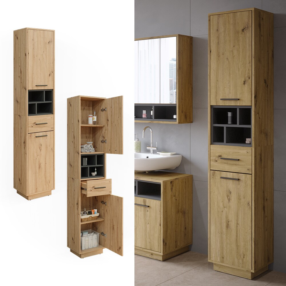 Vicco Hochschrank Badschrank Badezimmermöbel Beatrice Eiche Anthrazit modern 38x190 cm Badkommode Badezimmer Schrank Badmöbel Schranktür Schrankfach