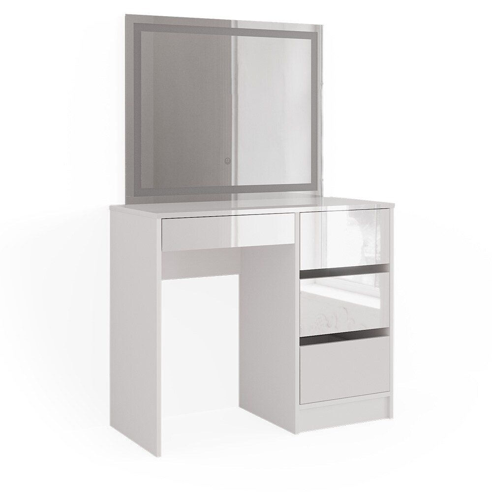 Vicco Schminktisch Sherry 90x75cm, Weiß Hochglanz, Kosmetiktisch mit LED-Spiegel