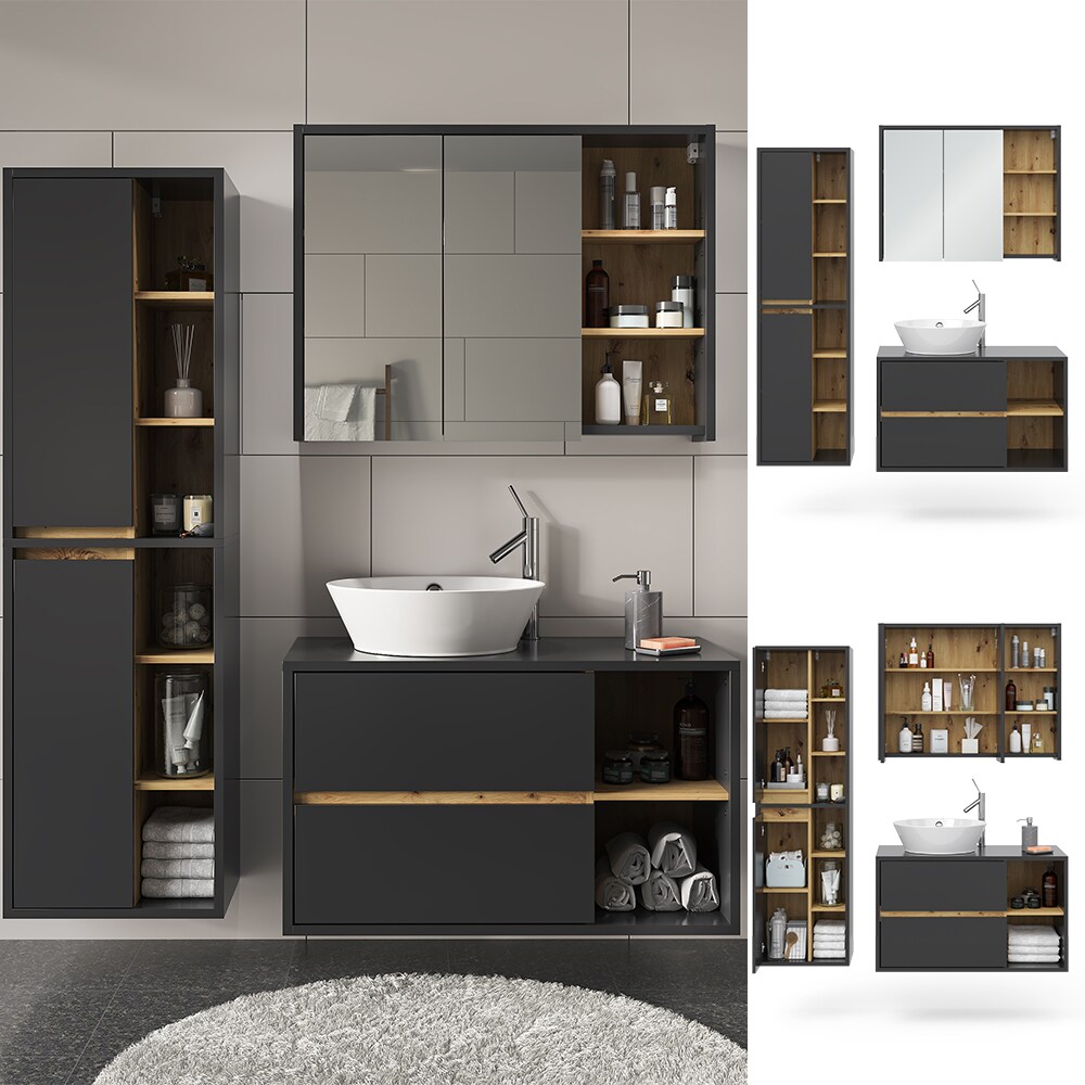 Vicco Badmöbel-Set Badezimmer-Möbel Bad-Schrank Viola Anthrazit Eiche modern Badezimmerschrank Waschtischunterschrank Spiegelschrank Schranktür Schrankfach Ablage Aufbewahrung