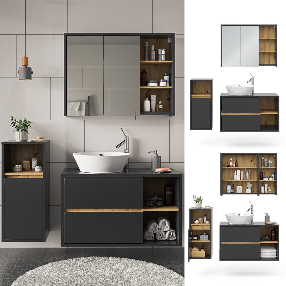 Vicco Badm&ouml;bel-Set Badezimmer-M&ouml;bel Bad-Schrank Viola Anthrazit Eiche modern Badezimmerschrank Waschtischunterschrank Spiegelschrank Midischrank Schrankt&uuml;r Schrankfach Ablage Aufbewahrung - Bild 1