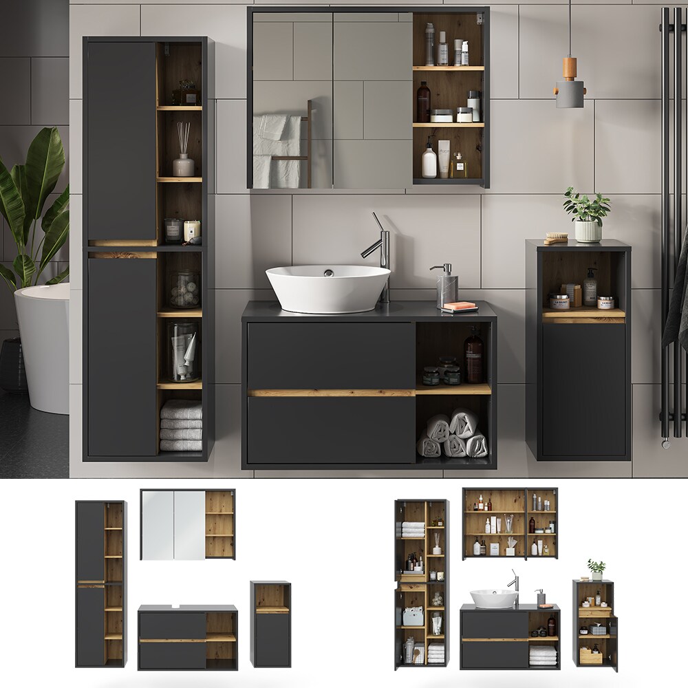 Vicco Badmöbel-Set Badezimmer-Möbel Bad-Schrank Viola Anthrazit Eiche modern Badezimmerschrank Waschtischunterschrank Spiegelschrank Midischrank Hochschrank Schranktür Schrankfach Ablage Aufbewahrung
