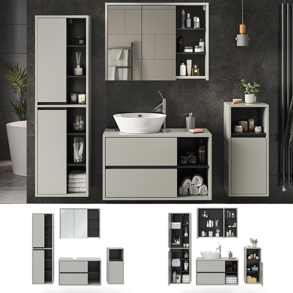 Vicco Badm&ouml;bel-Set Badezimmer-M&ouml;bel Bad-Schrank Viola Grau Anthrazit modern Badezimmerschrank Waschtischunterschrank Spiegelschrank Midischrank Hochschrank Schrankt&uuml;r Schrankfach Ablage Aufbewahrung - Bild 1