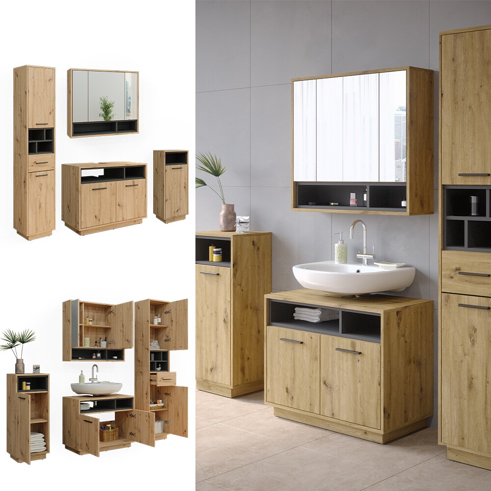 Vicco Badmöbel-Set Badezimmer-Möbel Bad-Schrank Beatrice Eiche Anthrazit modern Badezimmerschrank Waschtischunterschrank Spiegelschrank Midischrank Hochschrank Schranktür Schrankfach