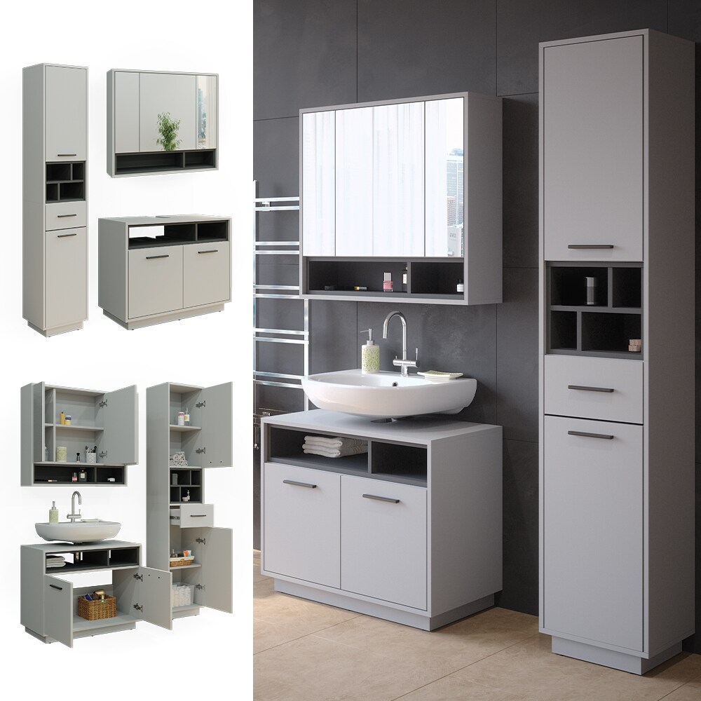 Vicco Badmöbel-Set Badezimmer-Möbel Bad-Schrank Beatrice Grau Anthrazit modern Badezimmerschrank Waschtischunterschrank Spiegelschrank Hochschrank Schranktür Schrankfach