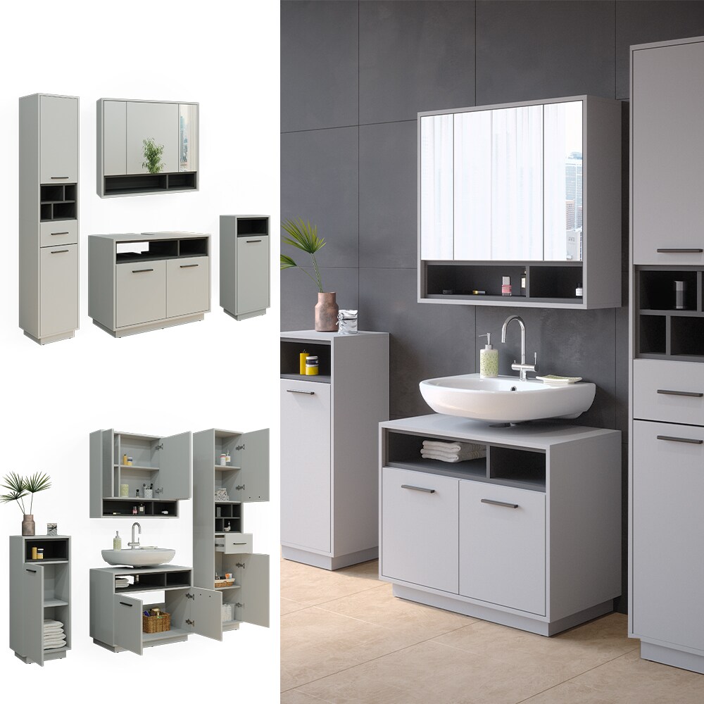 Vicco Badmöbel-Set Badezimmer-Möbel Bad-Schrank Beatrice Grau Anthrazit modern Badezimmerschrank Waschtischunterschrank Spiegelschrank Midischrank Hochschrank Schranktür Schrankfach