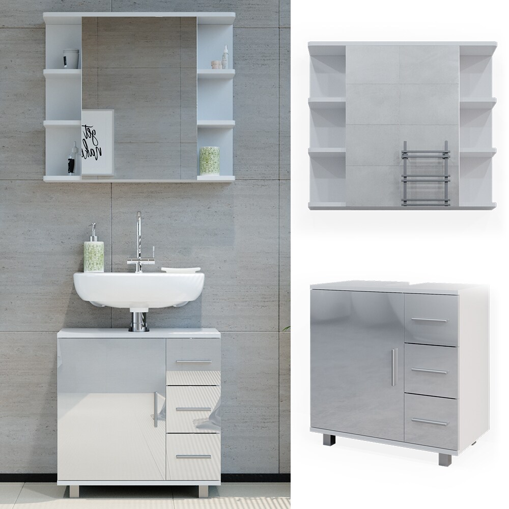 Vicco Badm&ouml;belset Ilias Wei&szlig; Hochglanz modern Badezimmer Schrank Badschrank Waschtischunterschrank Spiegelschrank Schrankt&uuml;r Schrankschublade Aufbewahrung - Bild 1