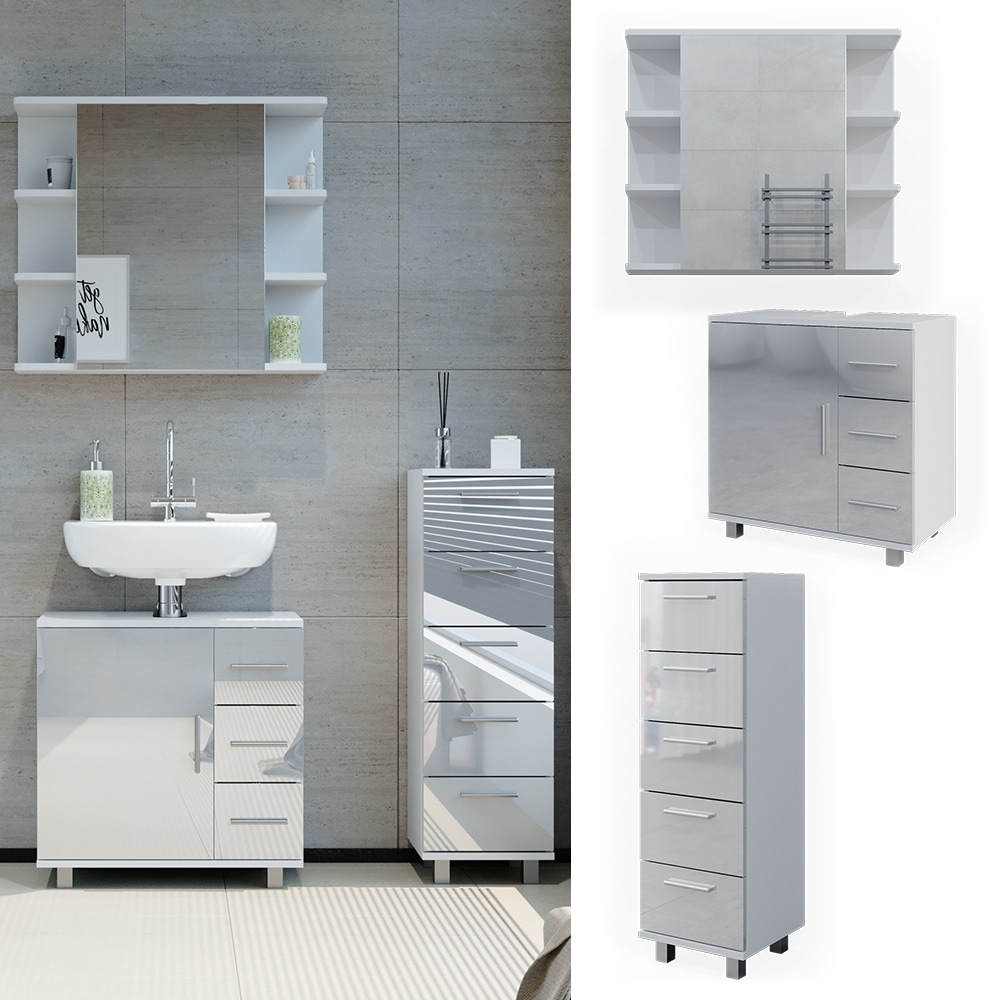 Vicco Badm&ouml;belset Ilias Wei&szlig; Hochglanz modern Badezimmer Schrank Badschrank Waschtischunterschrank Spiegelschrank Midischrank Schrankt&uuml;r Schrankschublade Schrankfach Ablage Aufbewahrung - Bild 1