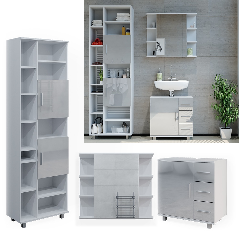 Vicco Badm&ouml;belset Ilias Wei&szlig; Hochglanz modern Badezimmer Schrank Badschrank Waschtischunterschrank Spiegelschrank Hochschrank Schrankt&uuml;r Schrankschublade Schrankfach Ablage Aufbewahrung - Bild 1