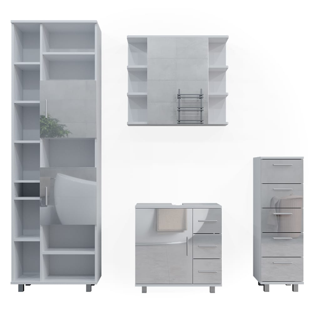 Vicco Badm&ouml;belset Ilias Wei&szlig; Hochglanz modern Badezimmer Schrank Badschrank Waschtischunterschrank Spiegelschrank Midischrank Hochschrank Schrankt&uuml;r Schrankschublade Schrankfach Ablage Aufbewahrung - Bild 1
