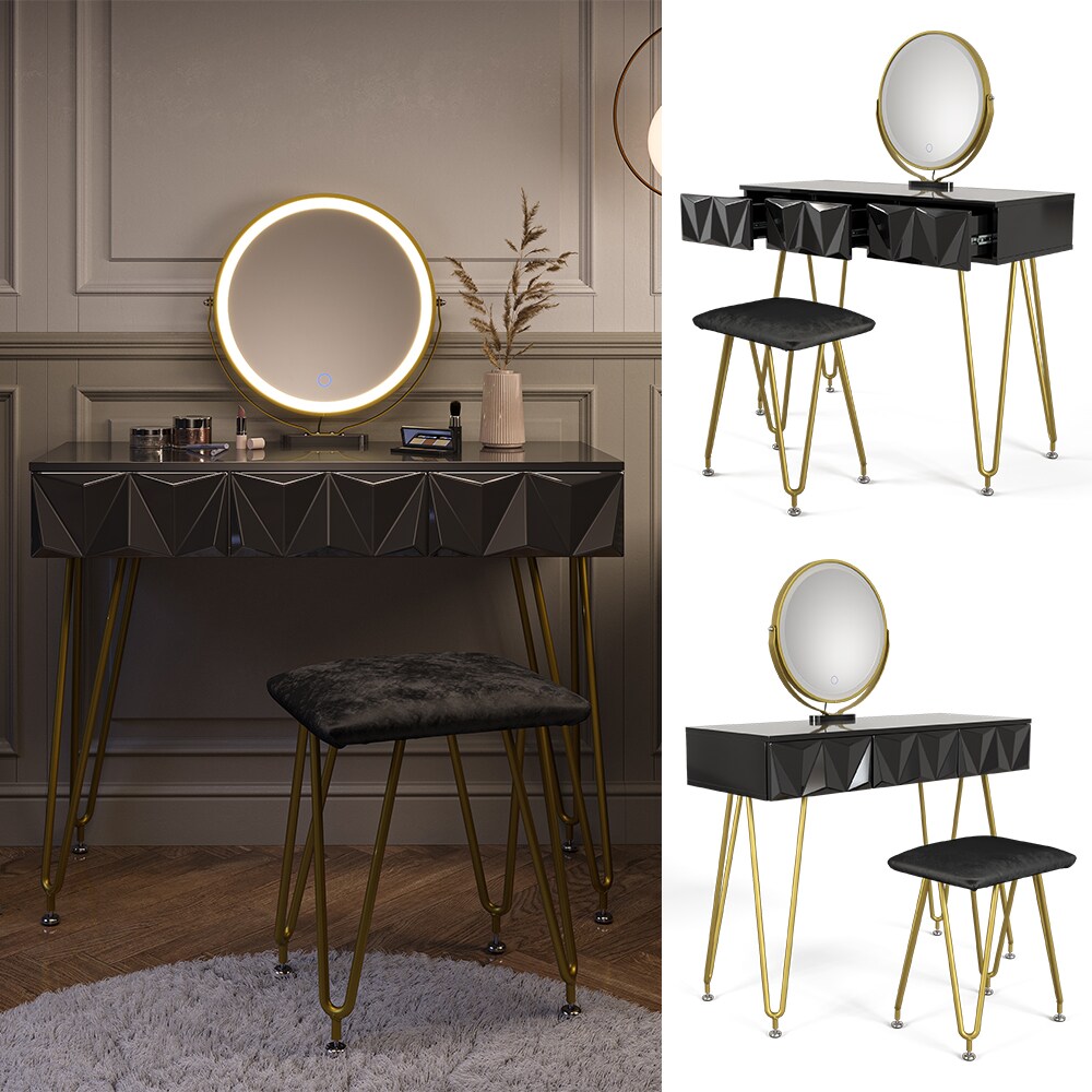 Vicco Schminktisch Ruby 100x40cm, Schwarz, Frisiertisch mit LED-Spiegel & Hocker - Bild 1