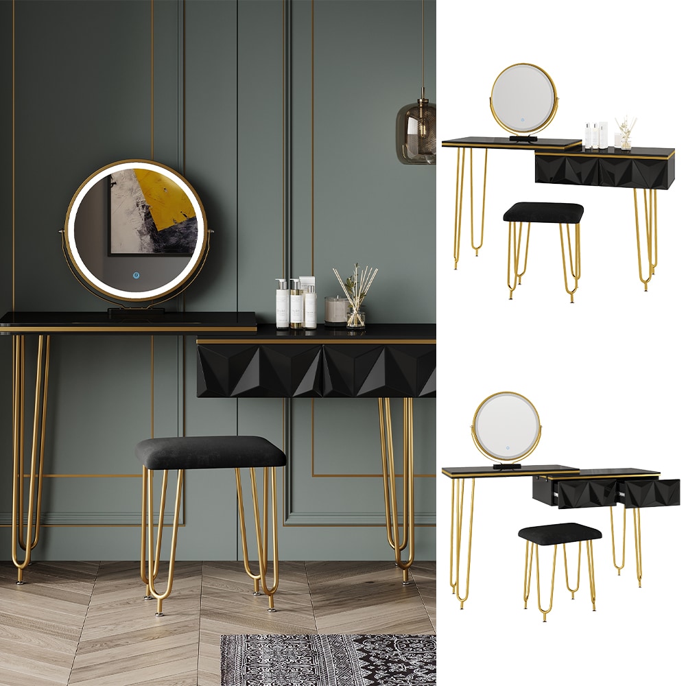 Vicco Schminktisch Bella 120x37cm, Schwarz, Frisiertisch mit LED-Spiegel & Hocker - Bild 1