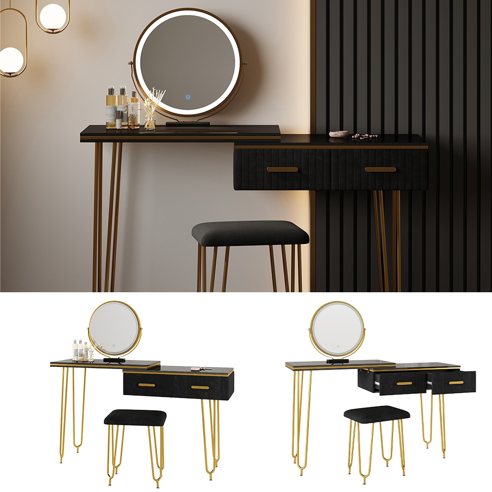 Vicco Schminktisch Zoey 120x37cm, Schwarz, Frisiertisch mit LED-Spiegel & Hocker - Bild 1