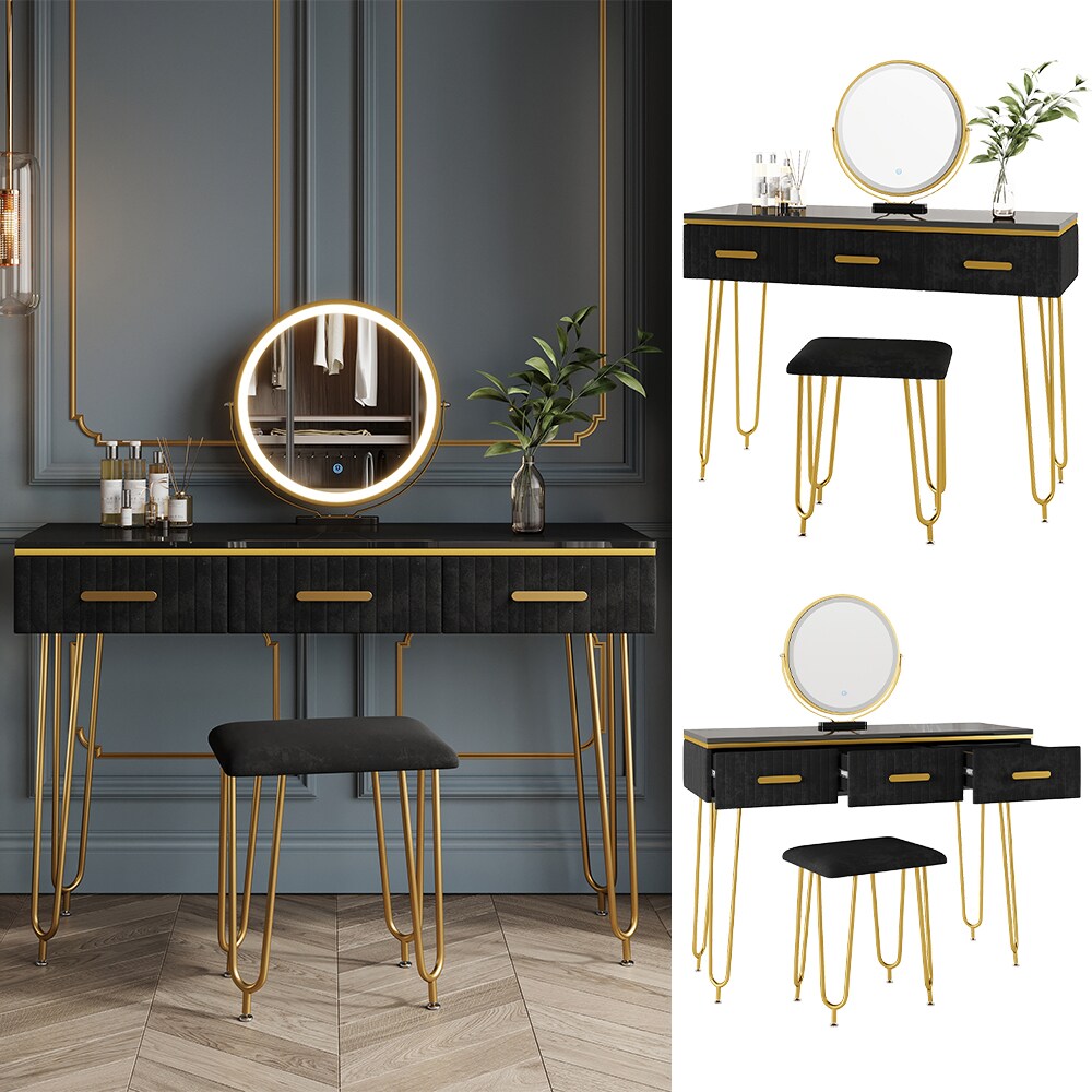 Vicco Schminktisch Layla 100x40cm, Schwarz, Frisiertisch mit LED-Spiegel & Hocker - Bild 1