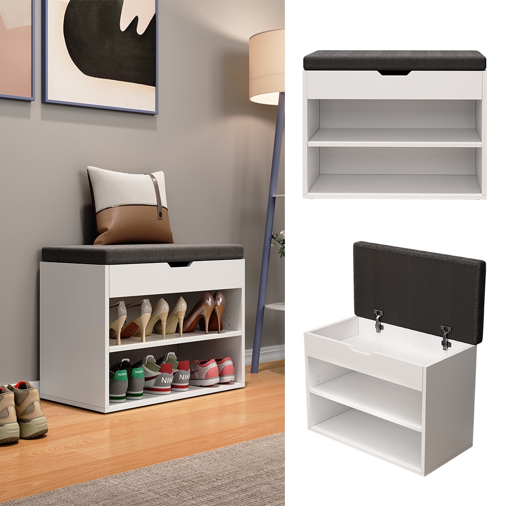 Oskar-Store Schuhbank Titus Wei&szlig;, 60 x 45 cm, Schuhregal mit Sitz, Klappdeckel, F&auml;cher - Bild 1