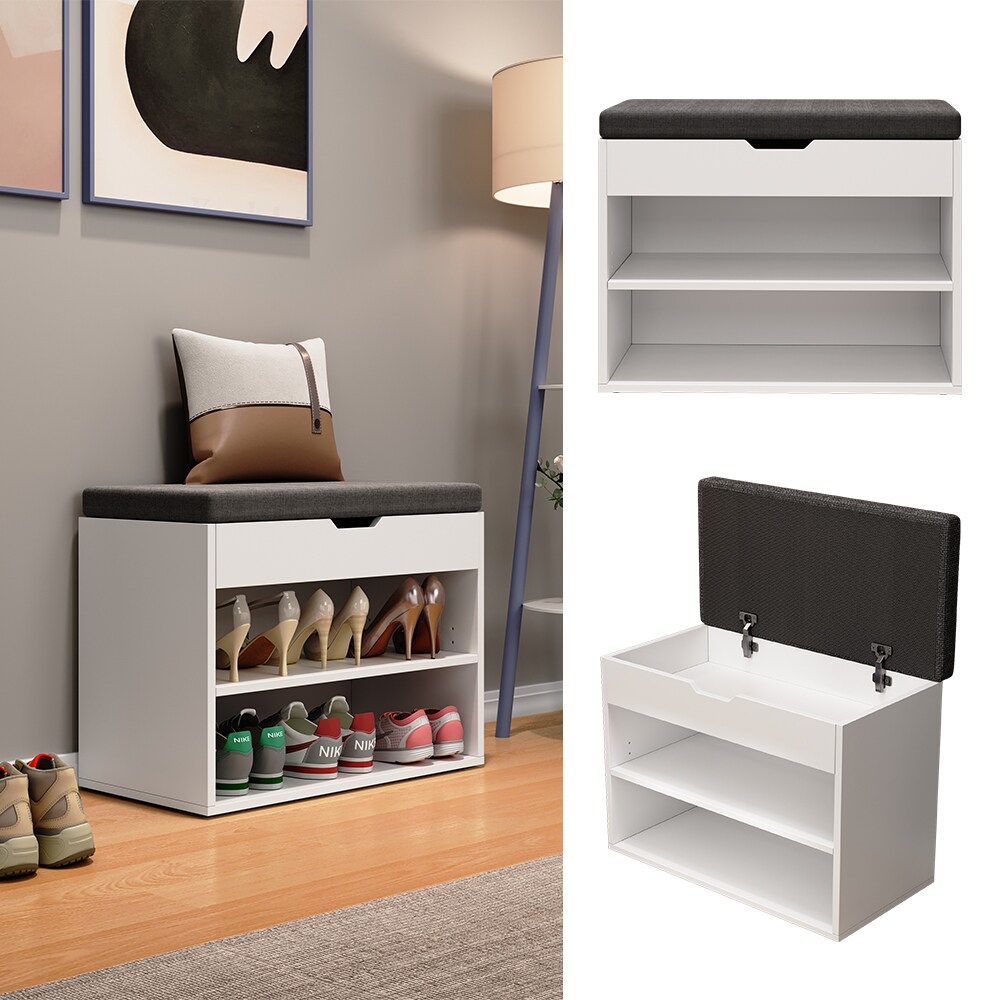 Oskar-Store Schuhbank Titus Weiß, 60 x 45 cm, Schuhregal mit Sitz, Klappdeckel, Fächer | 04066731271276