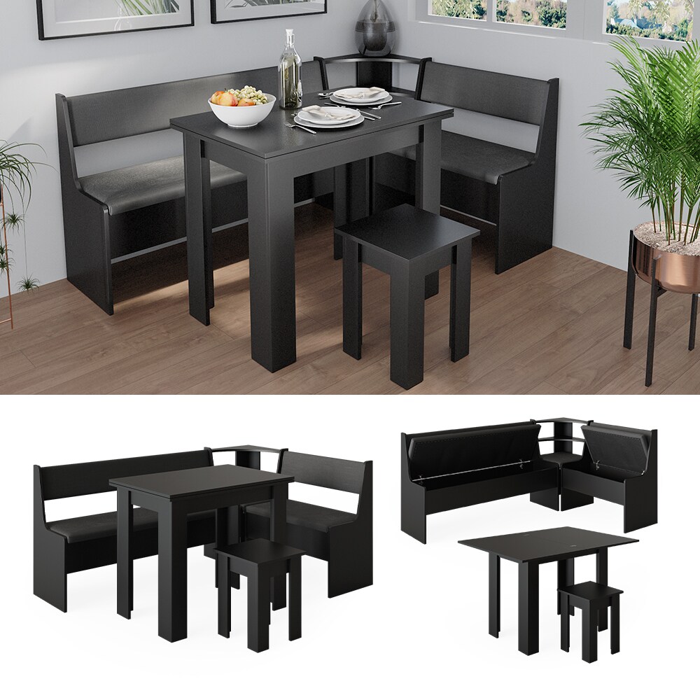 Vicco Eckbankgruppe Küchensitzgruppe Esszimmergruppe Roman Schwarz modern 180x120 cm Sitzbank Sitzecke Küchentisch Tischhocker Küchenmöbel Polstermöbel Esszimmermöbel