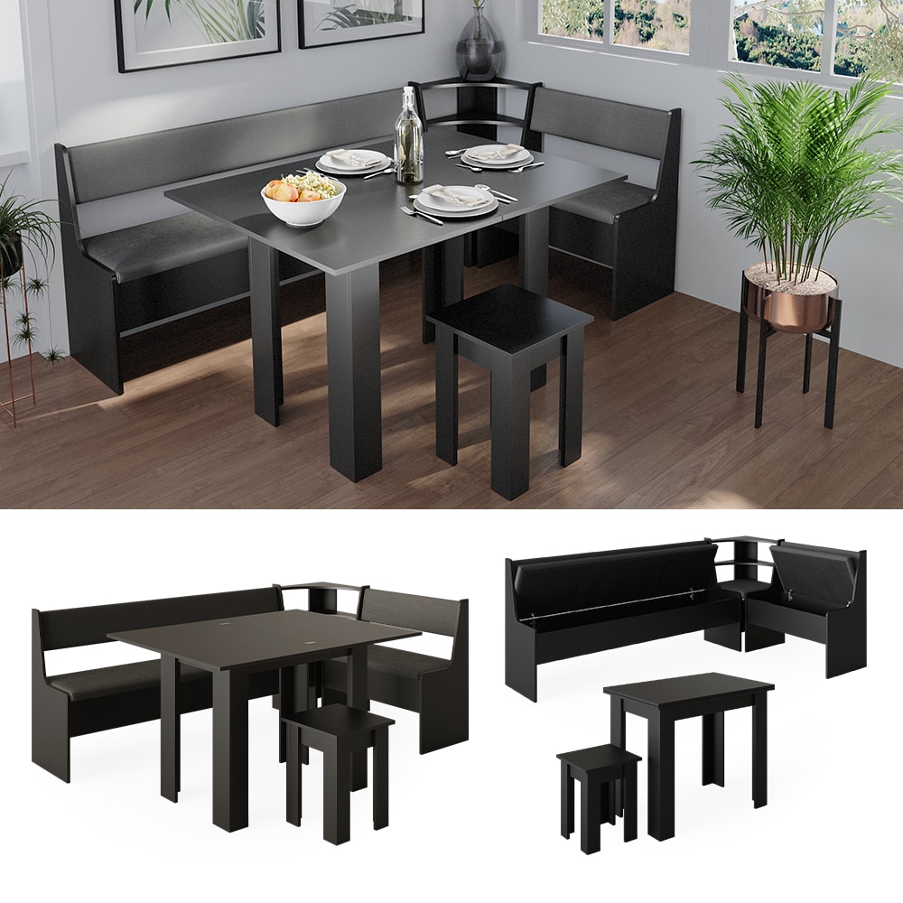 Vicco Eckbankgruppe K&uuml;chensitzgruppe Esszimmergruppe Roman Schwarz modern 210x120 cm Sitzbank Sitzecke K&uuml;chentisch Tischhocker K&uuml;chenm&ouml;bel Polsterm&ouml;bel Esszimmerm&ouml;bel - Bild 1