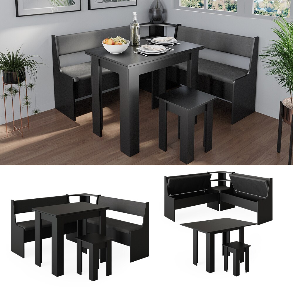 Vicco Eckbankgruppe Küchensitzgruppe Esszimmergruppe Roman Schwarz modern 150x150 cm Sitzbank Sitzecke Küchentisch Tischhocker Küchenmöbel Polstermöbel Esszimmermöbel