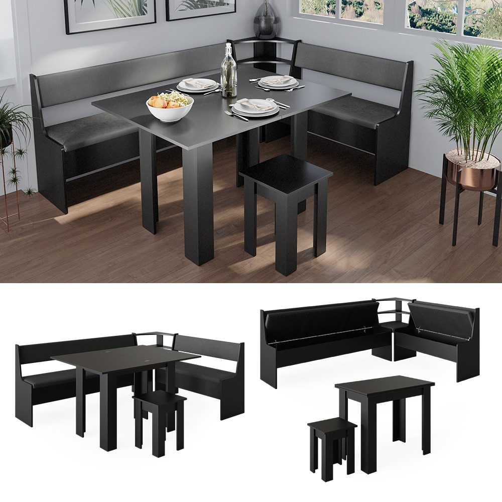 Vicco Eckbankgruppe K&uuml;chensitzgruppe Esszimmergruppe Roman Schwarz modern 210x150 cm Sitzbank Sitzecke K&uuml;chentisch Tischhocker K&uuml;chenm&ouml;bel Polsterm&ouml;bel Esszimmerm&ouml;bel - Bild 1