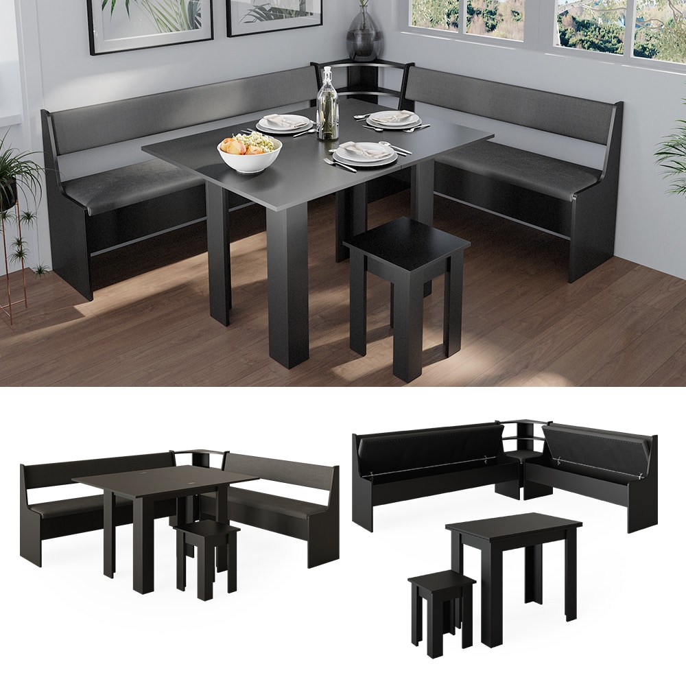 Vicco Eckbankgruppe K&uuml;chensitzgruppe Esszimmergruppe Roman Schwarz modern 210x180 cm Sitzbank Sitzecke K&uuml;chentisch Tischhocker K&uuml;chenm&ouml;bel Polsterm&ouml;bel Esszimmerm&ouml;bel - Bild 1