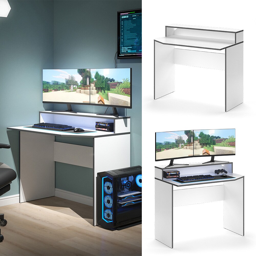Vicco Computertisch Schreibtisch Arbeitstisch Kron Wei&szlig; Grau 100x87 modern Monitorempore B&uuml;rotisch PC-Tisch Arbeitszimmer Homeoffice B&uuml;rom&ouml;bel Computerm&ouml;bel Ablage Aufbewahrung - Bild 1