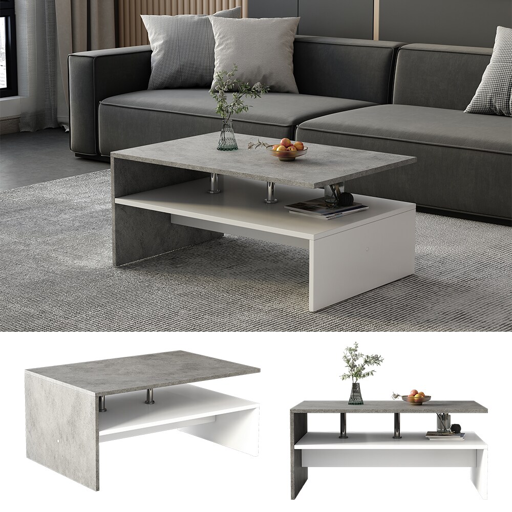 Oskar-Store Couchtisch Mike 90 x 42 cm, Beton Weiß, moderner Tisch mit Ablagen | 04066731272525