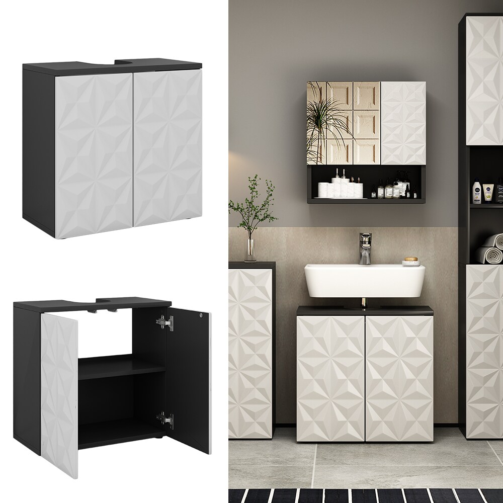 Vicco Waschtischunterschrank Waschbeckenunterschrank Edge Schwarz Wei&szlig; modern 60x57 cm Badezimmer Schrank Badschrank Badkommode Badm&ouml;bel 2 T&uuml;ren - Bild 1