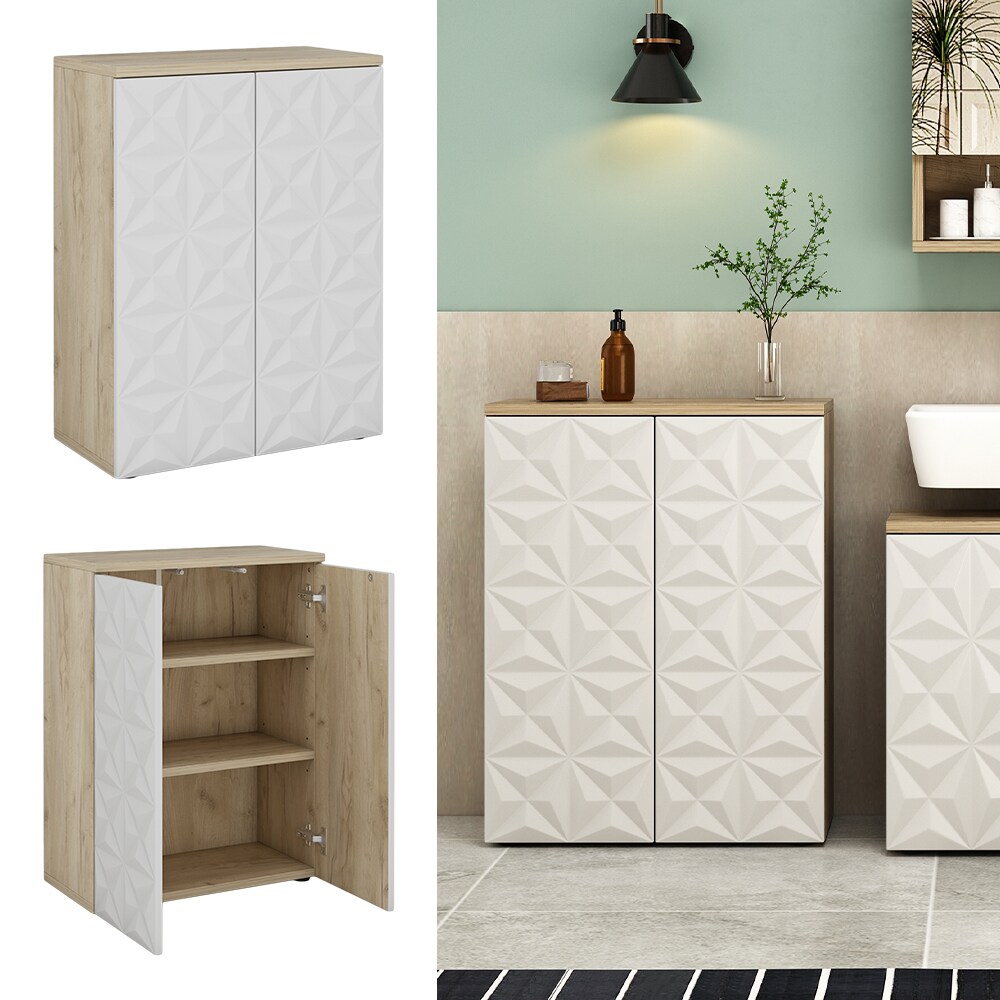 Vicco Badschrank Badezimmerkommode Badezimmerm&ouml;bel Edge Eiche Wei&szlig; modern 60x80 cm Badezimmer Schrank Badm&ouml;bel 2 T&uuml;ren 3 F&auml;cher - Bild 1